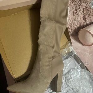 Beige knee length faux suede boots